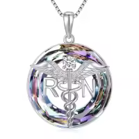 TOUPOP Sterling Silver Caduceus Angel Wing RN Necklace Jewelry Gift-style_name:Crystal RN Necklace