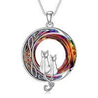 wholesale TOUPOP Christmas Cat Gifts For Cat Lovers One Two Three Four Cats Necklace Sterling Silver Cats On The Moon Pendant Necklace With Blue Circle Crystal Birthday Christmas Celtic Jewelry Gifts For Women -color_name:2 Cats(Silver and Silver)-Volcano Crystal-02-D