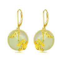 TOUPOP 14K Gold Plated Sterling Silver Round Natural Jade Earrings-style_name:C-Dragonfly Flower-Gold