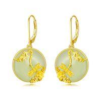wholesale Natural Jade Earrings For Women 14k Gold Plated Sterling Silver Round Jade Jewelry Birthday Christmas Gifts For Women Mom Her -style_name:C-Dragonfly Flower-Gold