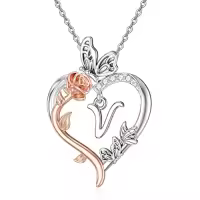 TOUPOP 925 Sterling Silver Rose Heart Butterfly Initial Necklace Gifts For Women-style_name:V Initial