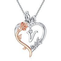 wholesale TOUPOP Rose Heart Necklaces Gifts For Women 925 Sterling Silver Butterfly Heart Initial Necklace Anniversary Birthday Christmas Jewelry Gifts For Mom Her Wife Girlfriend Daughter -style_name:V Initial