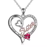 TOUPOP Sterling Silver & Birthstone I Love You Forever Sister Pendant Gift-color_name:07 Jul - Ruby