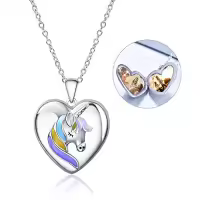 TOUPOP Sterling Silver Heart Photo Locket Pendant Necklace For Women Birthday Gifts-style_name:A-Unicorn