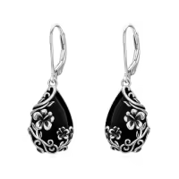 TOUPOP Sterling Silver Black Onyx Daisy Hibiscus Lotus Rose Peony Sunflower Dangle Earrings-style_name:Hibiscus