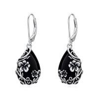 wholesale Daisy/hibiscus/lotus/rose/peony/sunflower Earrings 925 Sterling Silver Teardrop Black Onyx Dangle Earrings Vintage Flower Jewelry Gifts For Women -style_name:Hibiscus