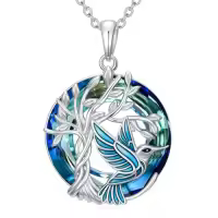 TOUPOP Sterling Silver Crystal Butterfly Tree Of Life Dragonfly Hummingbird Pendant Necklace-color_name:Hummingbird Blue