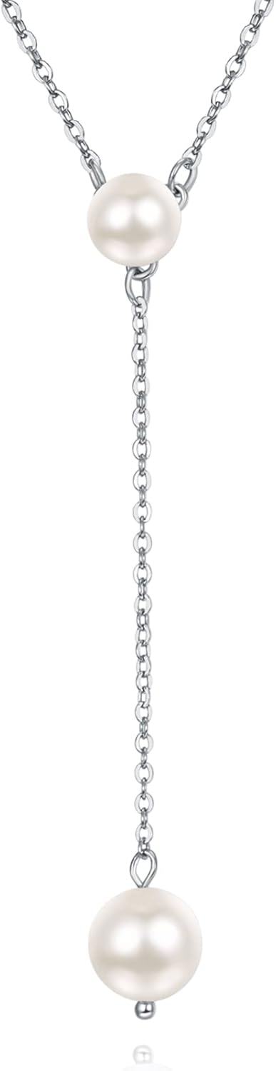 Sterling Silver Pearl Necklace for Women Dainty Trendy Long Pearl Jewelry Gift -silver