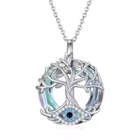 TOUPOP Sterling Silver Crystal Evil Eye Necklace Pendant Protection Gift-style_name:C02-Tree of Life Evil Eye -Purple crystal