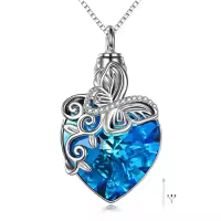 TOUPOP Sterling Silver Crystal Dragonfly Butterfly Pendant Necklace-style_name:I-Butterfly Urn Necklace-Blue Heart Crystal