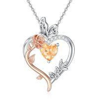 wholesale TOUPOP Rose Heart Birthstone Necklace 925 Sterling Silver Heart Butterfly Pendant Love Jewelry Birthday Christmas Gifts For Women Her -color_name:11-November-Citrine
