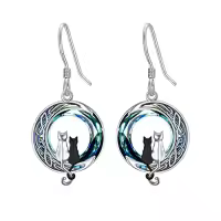 TOUPOP Sterling Silver Crystal Cat On Moon Dangle Drop Earrings-color_name:2 Cats(Black and Silver)-Blue Crystal-02-C
