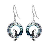 wholesale TOUPOP Cat On The Moon Earrings Sterling Silze Cut Animal Cat Dangel Drop Earrings With Circle Crystal Christmas Valentines Birthday Mothers Day Jewelry Gifts For Women Cat Lovers -color_name:2 Cats(Black and Silver)-Blue Crystal-02-C
