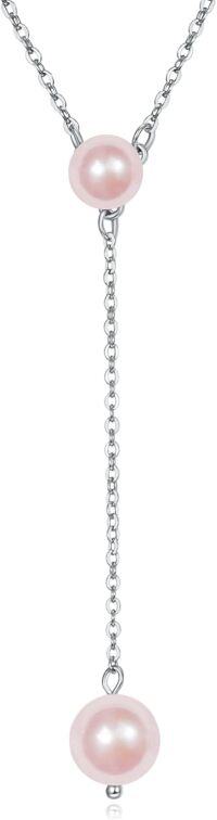 wholesale 925 Sterling Silver Pink Pearl Y-Necklace for Women - Elegant Trendy Minimalist Chain -pink