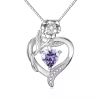 TOUPOP Sterling Silver & Birthstone Heart Birth Flower Pendant Necklace-style_name:2-February-Violet