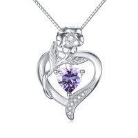 wholesale TOUPOP Birth Flower Necklace 925 Sterling Silver Heart Birthstone Pendant Necklaces Birth Month Floral Jewelry Birthday Christmas Gifts For Women Her -style_name:2-February-Violet