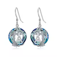 TOUPOP Sterling Silver Blue Crystal Tree Of Life Letter Drop Dangle Earrings-style_name:A Initial