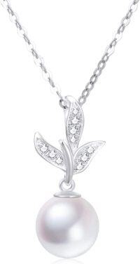 wholesale 14K Gold Leaf Design White Pearl & Cubic Zirconia Pendant Necklace for Women - Elegant Fashion Accessory-White Gold