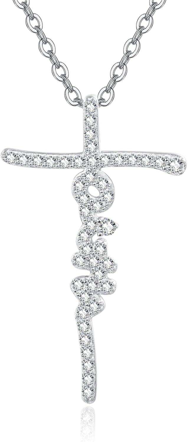 Sterling Silver Birthstone Faith Cross Pendant Necklace for Women-Cubic Zirconia-Cubic Zirconia