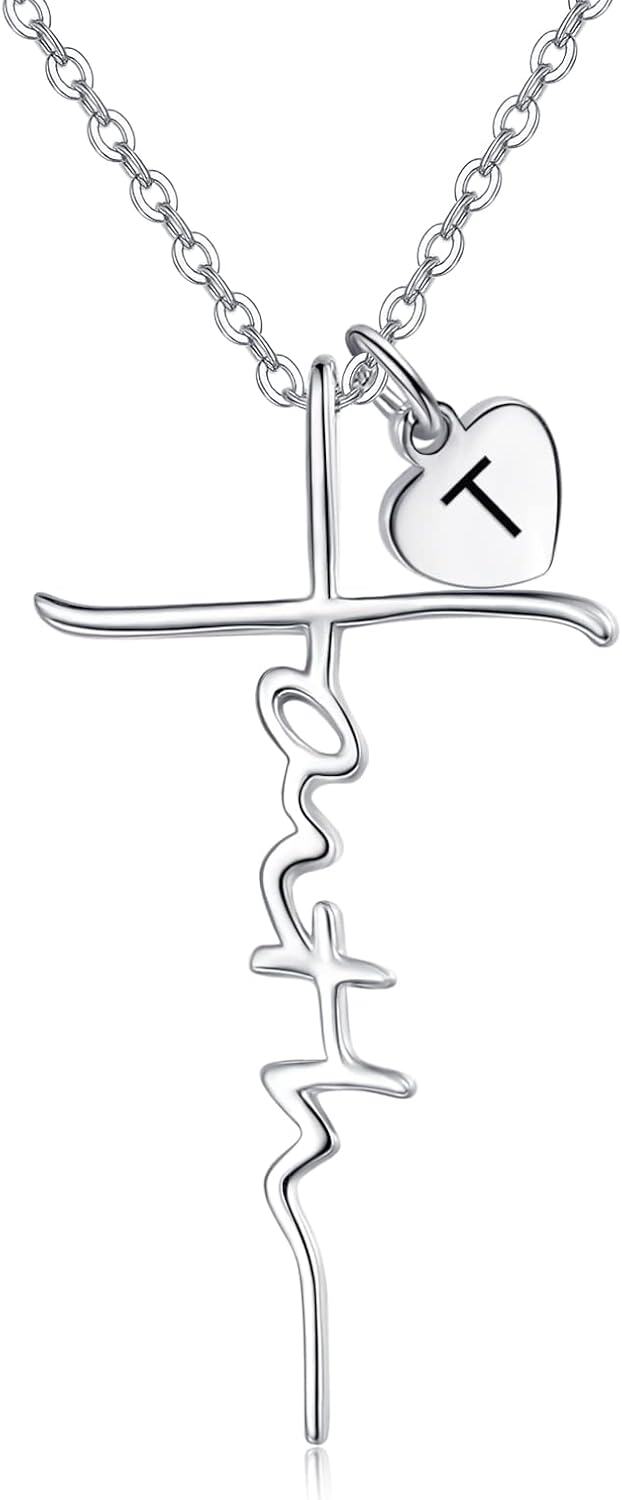 Sterling Silver Birthstone Faith Cross Pendant Necklace for Women-T-T
