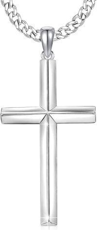 wholesale 925 Sterling Silver  Mens 3mm Cuban Link Necklace with Cross Pendant (24)-White Gold