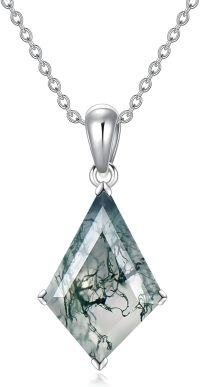 wholesale 925 Sterling Silver Green Moss Agate Pendant Cubic Zirconia Shape Chain Necklace for Women  16-24 Adjustable Length-Kite cut