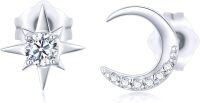 wholesale 14K White Gold  Crystal Moon & Star Stud Earrings for Women-White Gold