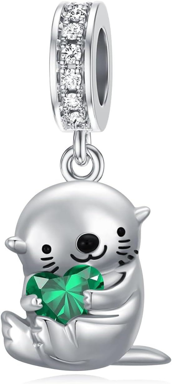 Sterling Silver Birthstone Otter Charm Bead for Jewelry Making  Char-05-May-Otter