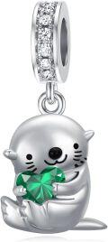 wholesale 925 Sterling Silver & Emerald Otter Charm Bead with Zircon for Bracelet, 15mm-0-0
