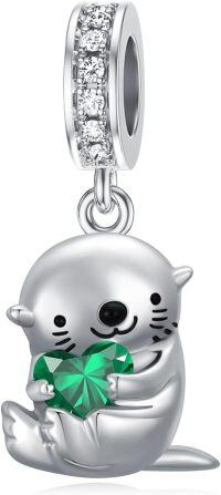 wholesale 925 Sterling Silver & Emerald Otter Charm Bead with Zircon for Bracelet, 15mm-05-May-Otter