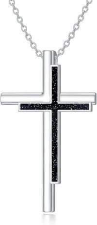 wholesale 925 Sterling Silver Black Stone Cross Pendant Necklace for Women s-Blue Sandstone