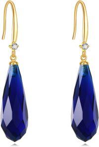 wholesale 14K Gold Teardrop Shape Stone Drop Earring with Blue Crystal and Diamond Accent for Women's Fashion Jewelry-Sapphire Earrings