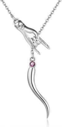 wholesale 925 Sterling Silver Birthstone Italian Horn Hand Necklace Cornicello Mano Cornuto Good Luck Amulet Pendant for Women-07-Jul-Created Ruby