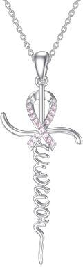 wholesale 925 Sterling Silver Pink Ribbon Survivor Cross Pendant Necklace-0-0
