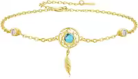 wholesale Turquoise 925 Sterling Silver Feather Charm Dreamcatcher Bracelet Wholesale for Women (Adjustable)-Gold-Turquoise