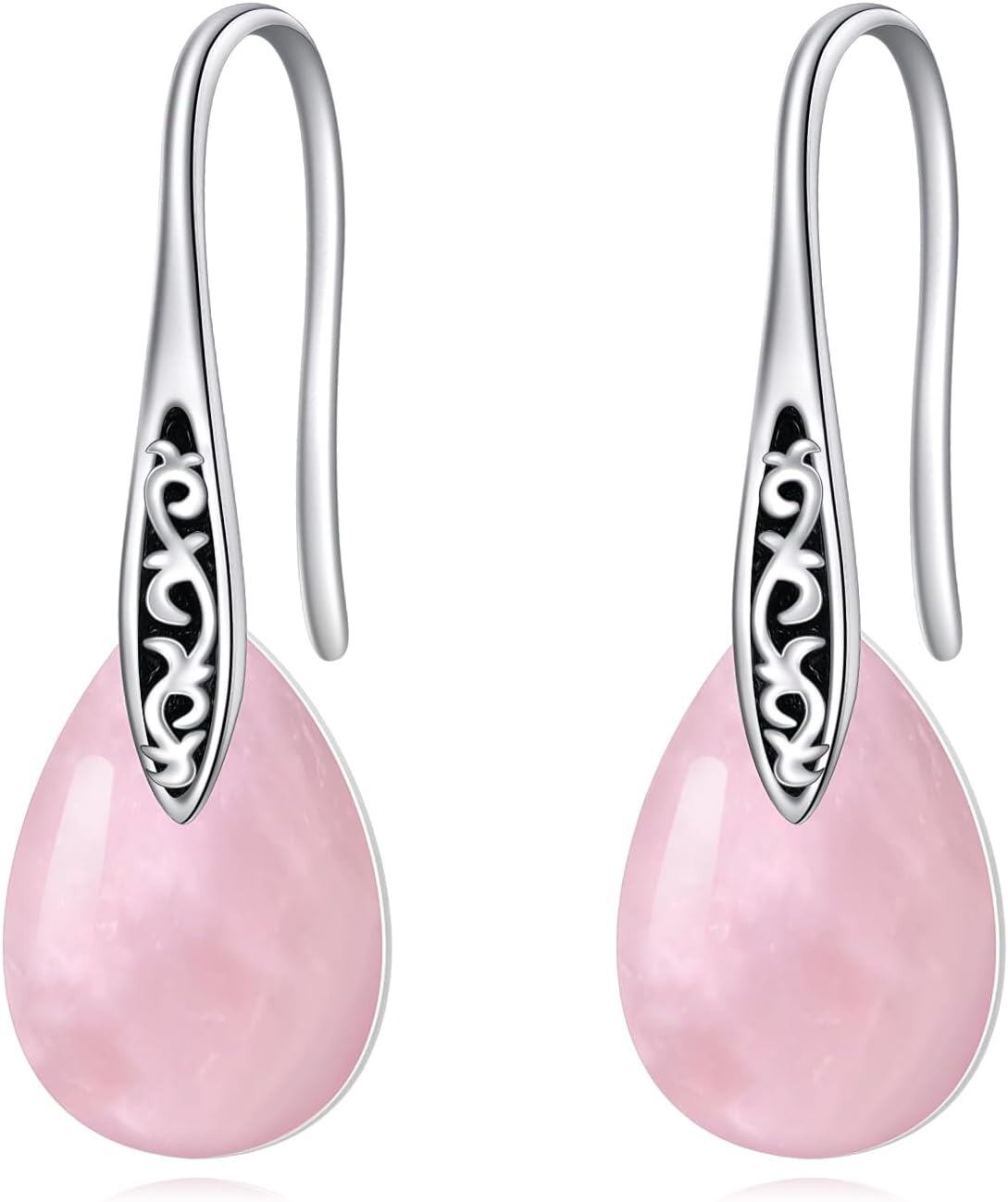 Sterling Silver Birthstone Vintage Teardrop Dangle Earrings for Women-Rose Quartz