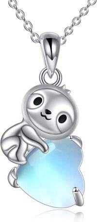 wholesale 925 Sterling Silver Opalite Moonstone Sloth Charm Necklace for Women Girls  45cm Chain Length-M-Sloth Heart Moonstone