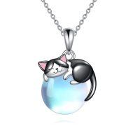 wholesale 925 Sterling Silver Cat Pendant Necklace Wholesale With Moonstone Sphere-Tuxedo Cat
