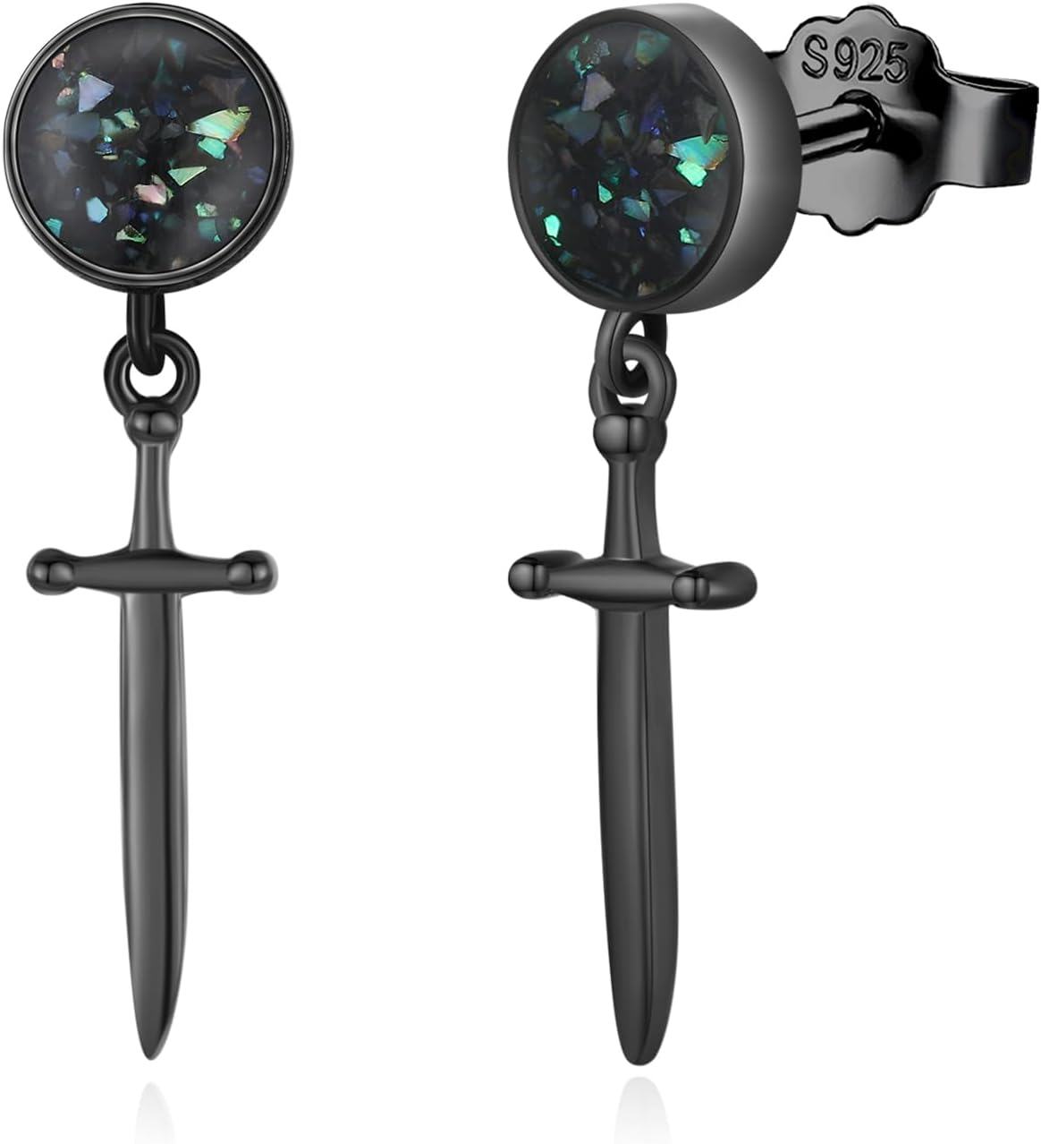 925 Sterling Silver Sword & Cross Dangle Drop Earrings with Black Abalone Shell and Turquoise Accents-0-0