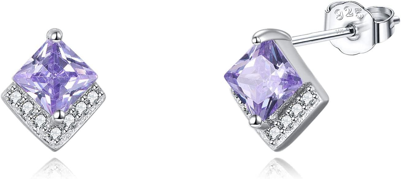 Sterling Silver Cubic Zirconia Birthstone Stud Earrings Hypoallergenic-Jun-Light Amethyst