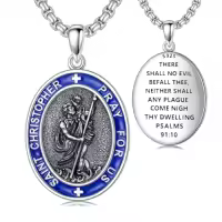 TOUPOP 925 Sterling Silver Stainless Steel Saint Medal Protection Necklace-style_name:B-St Christopher Necklace Blue