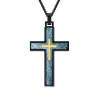 wholesale 925 Sterling Silver Mens Black Cross Necklace w/ Abalone Shell & Gold Accents-2-Turquoise
