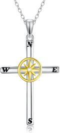 wholesale 925 Sterling Silver Cross Necklace with Natural Diamond Compass Pendant, 18 Rolo Chain, Gift Box-0-0