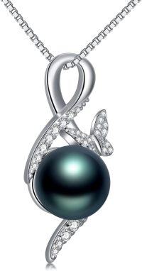 wholesale 925 Sterling Silver & 18K White Gold Plated Black Freshwater Pearl Butterfly Pendant Necklace-Infinity Butterfly