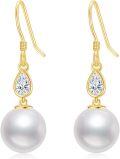 wholesale 14K Gold 10mm Freshwater Pearl Drop Earrings with Cubic Zirconia Accents for Women-0-0