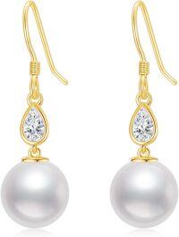 wholesale 14K Gold 10mm Freshwater Pearl Drop Earrings with Cubic Zirconia Accents for Women-14k Yellow Gold