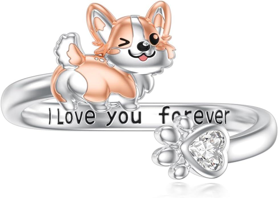 Sterling Silver Cute Puppy Corgi Dachshund Pug Yorki Adjustable Dog Rings for Women-Corgi