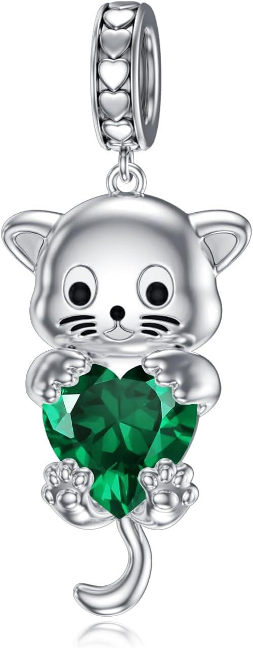 Silver Birthstone Cat Charm Bead Gift for Women-Emerald