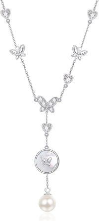 wholesale 925 Sterling Silver Mother-of-Pearl Butterfly Pendant Lariat Necklace w/ Cultured Freshwater Pearl & Cubic Zirconia - 34 Chain Length-01