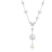 wholesale 925 Sterling Silver Mother-of-Pearl Butterfly Pendant Lariat Necklace w/ Cultured Freshwater Pearl & Cubic Zirconia - 34 Chain Length-01